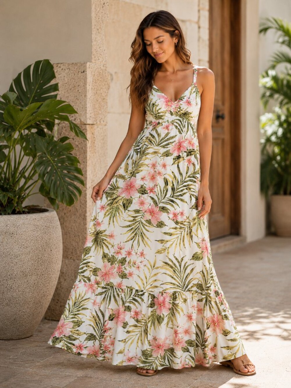 Hurley Pink Green Tropical Floral Empire Sleeveless Maxi Dress S Coastal Resort